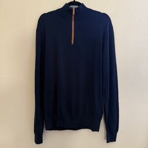 Collars & Co Mens Large Navy Blue Australian Merino Wool Quarter Zip Sweater NWT